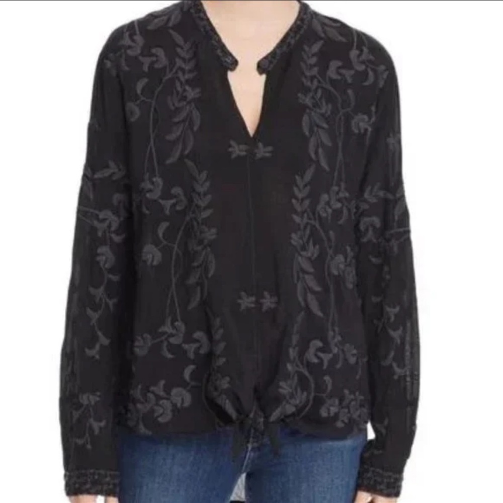 Johnny Was Floral Embroidered Tie Front Blouse